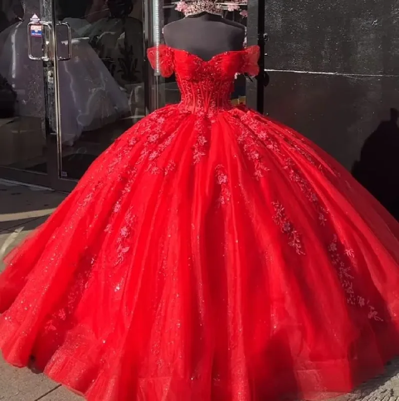 women's suit sets with cotton liningsRed Princess Quinceanera Dresses Off Shoudler Sparkly Applique Corset
