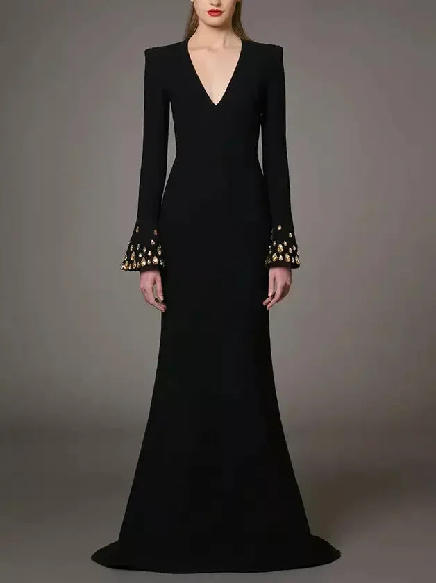 Plus-size dresses for womenLong Black V-Neck Gown with Rhinestone Bell Sleeves
