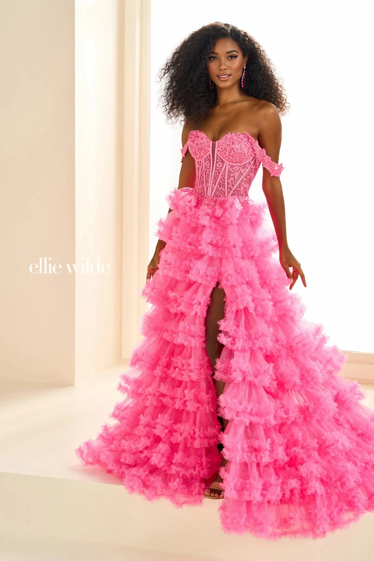 Sack dresses for womenEllie Wilde EW36201 Size 2  Barbie Pink Long Ruffle A Line Sheer Corset Prom Dress Lace Shimmer off the shoulder