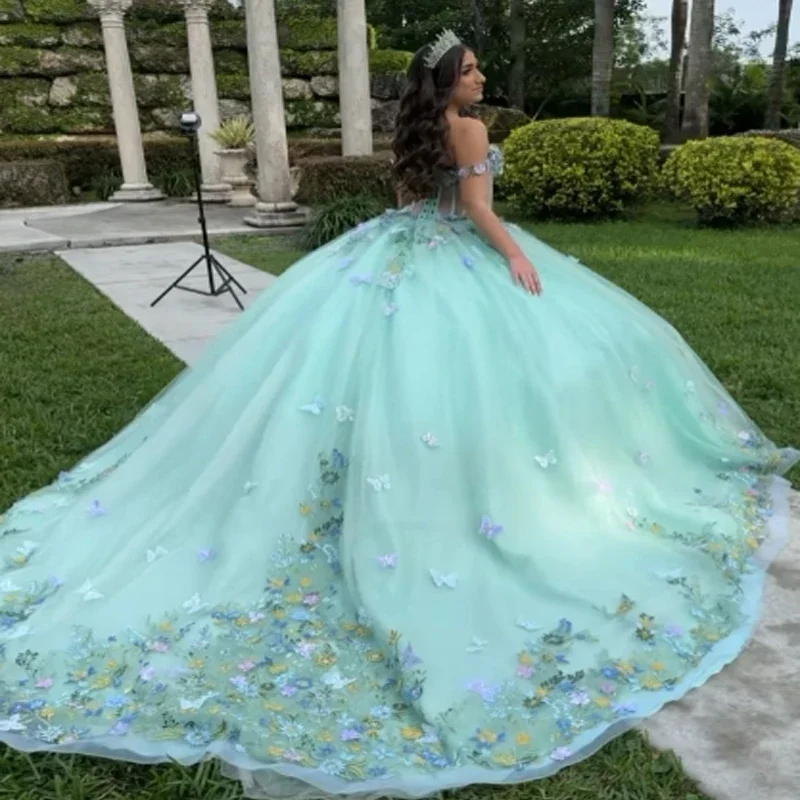 women's suit sets in solid colorsLight Green Quinceanera Dress Ball Gown 3D Butterfly Applique Beading Tull Corset Sweet 16