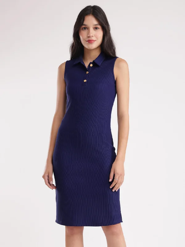 Corduroy dresses for womenBodycon Knitted Dress - Navy Blue