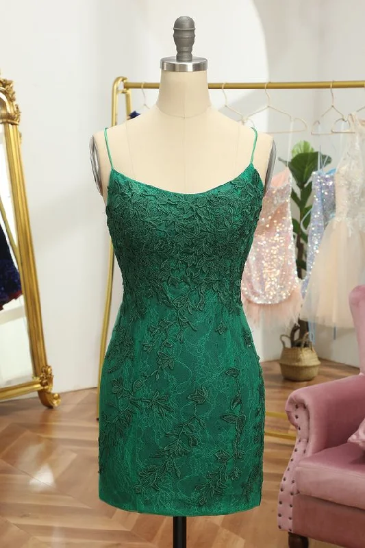 Glamour dresses for red carpet appearancesGreen Short Tight Homecoming Dress with Lace  Y4011