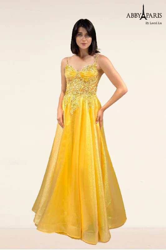 Little black dresses (LBDs) for womenAbby Paris 90290 Size 8 Yellow Sheer Sequin Lace Corset Prom Dress Metallic A Line Formal Gown