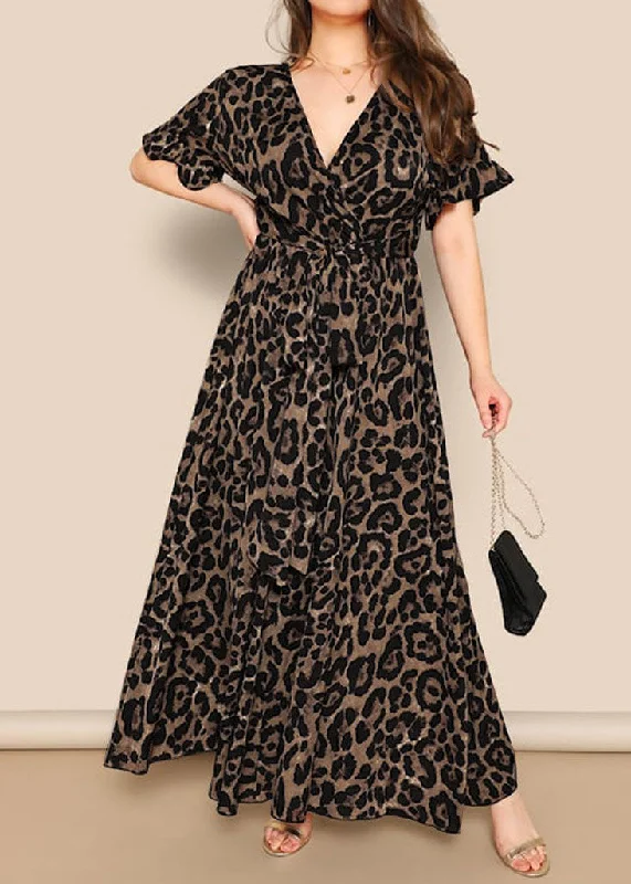 Workout dresses for active lifestylesItalian V Neck Leopard Print Tie Waist Long Dress Butterfly Sleeve