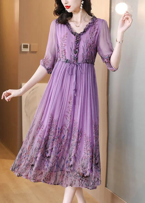 Corduroy dresses for womenLoose Purple Ruffled Lace Up Print Chiffon Long Dress Half Sleeve