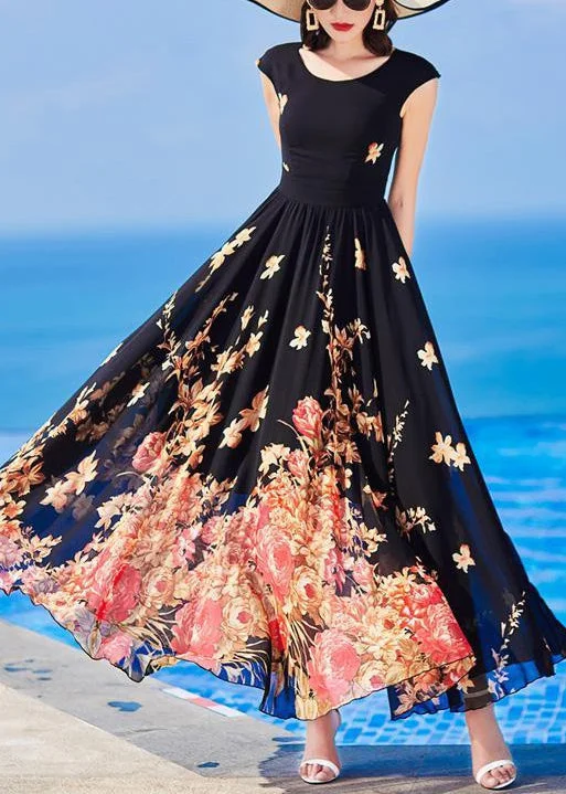 Lace dresses for womenSlim Fit Black O-Neck Print Chiffon Long Dresses Summer