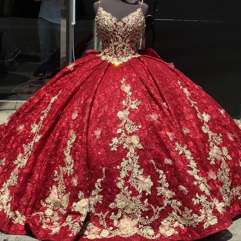women's suit sets with metallic finishesRed Shiny V-Neck Quinceanera Dresses Ball Gown Birthday Gowns Spaghetti Strap Gold Lace Appliques Corset Sweet 16 Dresses vestid