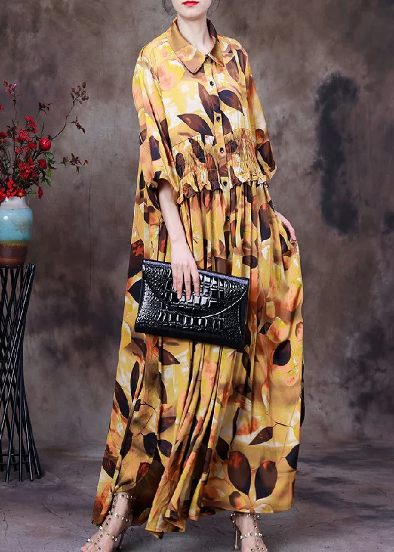 Leather dresses for womenPlus Size Yellow Peter Pan Collar Print Wrinkled Silk Long Shirt Dress Half Sleeve