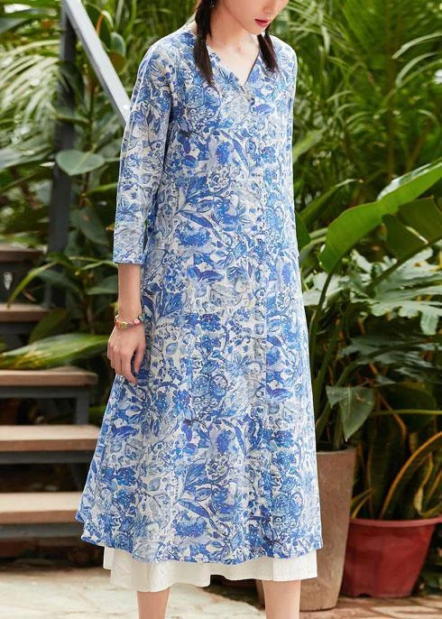 Maxi dresses for womenClassy blue print linen Long Shirts v neck tie waist oversized summer Dress