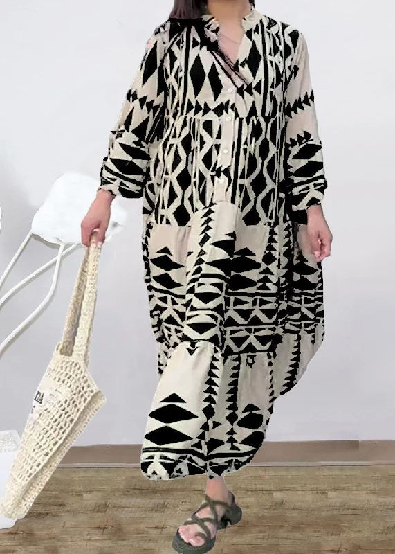 Satin dresses for womenPlus Size Black Stand Collar Print Long Shirts Dresses Spring