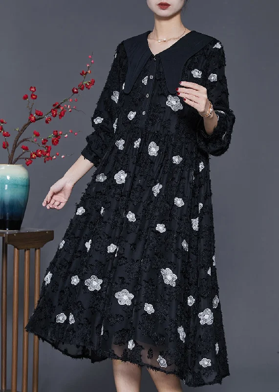 Cold-shoulder dresses for womenItalian Black Floral Exra Large Hem Long Dresses Spring