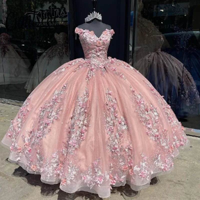 women's suit sets for weddingsMexican princess Pink Quinceanera Dresses with 3D Floral Applique lace-up corset Vestidos XV Años Sweet 16 Bow robe de soirée