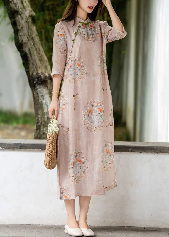 Checkered dresses for womenPink Side Open Print Linen Long Dresses Stand Collar Summer