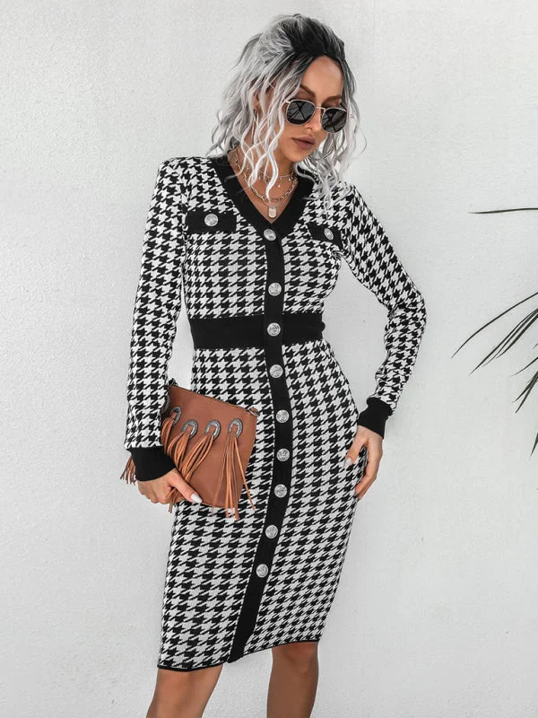 Autumn dresses for fall fashionWomens Button Up Bodycon Retro Checkered Knit Dress With Long Sleeves