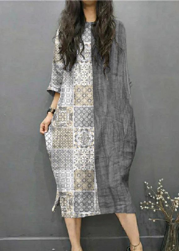 Bohemian women's dressesBeautiful Gray geometry O-Neck Wrinkled Side Open Linen Long Dress Batwing Sleeve