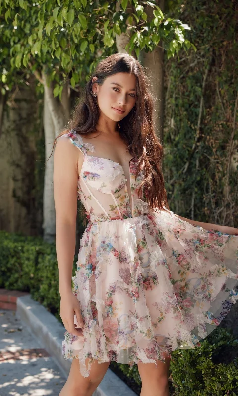 Cold-shoulder dresses for womenShort Pink Floral-Print Homecoming Dress S849