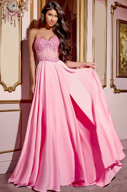 Chiffon dresses for womenJovani D6021 Sheer Pink Crystal Corset A Line Prom Dress V Neck Slit Formal Gown Chiffon