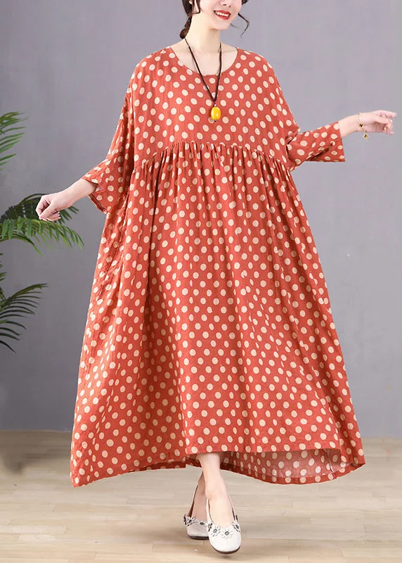 Velvet dresses for winterHandmade Red Dot Print Wrinkled Long Dresses Long Sleeve