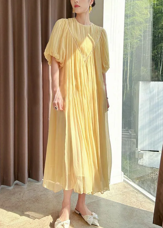 Linen dresses for summerItalian Yellow Wrinkled Nail Bead Chiffon Long Dress Puff Sleeve