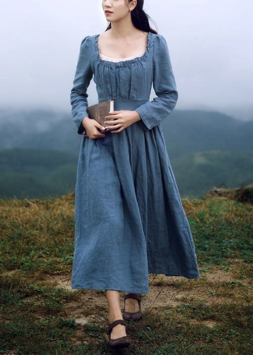 Motherhood dresses for pregnant womenNew Blue Square Collar Ruffled Linen Long Dresses Long Sleeve