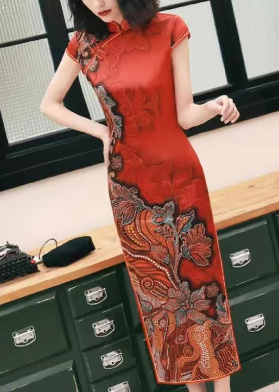 Loose-fitting dresses for womenClassy Red Button Print Side Open Silk Long Dresses Summer