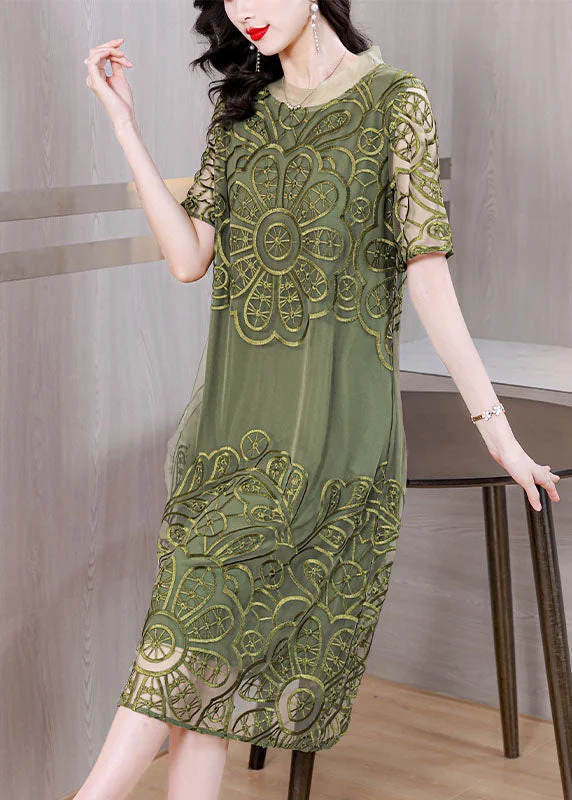 Wrap dresses for womenElegant Green Embroidered Ruffled Tulle Long Dresses Short Sleeve