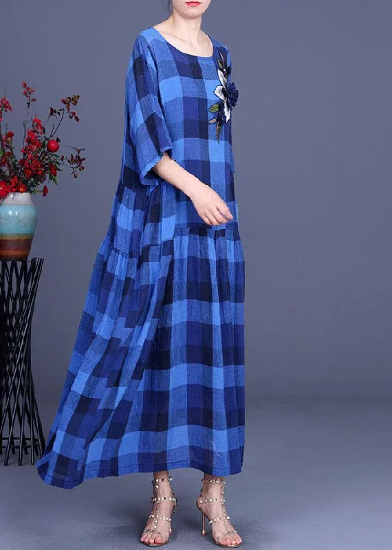 Mother-of-the-bride dressesFashion Blue Plaid Linen Embroideried Floral Summer Long Dress