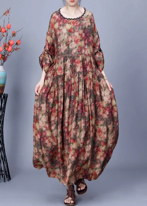 Layering dresses for versatile stylingLoose Coffee O Neck Print Wrinkled Silk Long Dress Spring