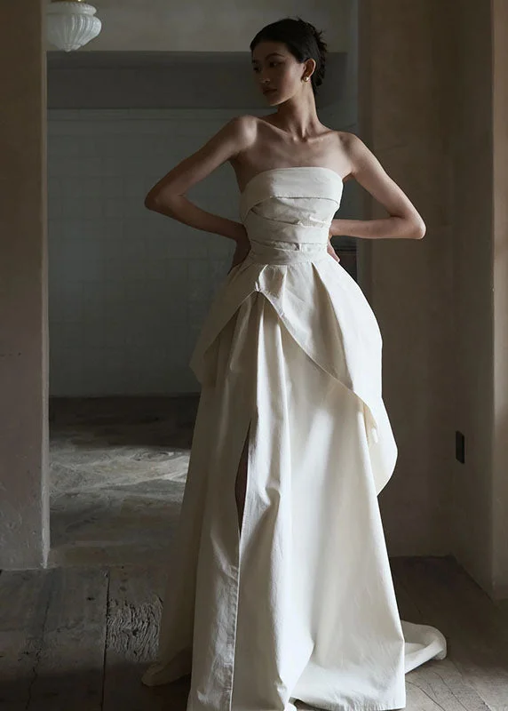 Statement dresses for making a fashion statementSimple White Bustier Top Flattering Satin Long Dresses Sleeveless