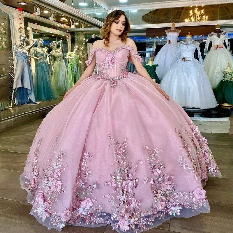 elegant women's outfit setsPink Shiny Ball Gown Off the Shoulder Quinceanera Dresses 3D Flowers Appliques Lace Beads Tull Corset Vestidos De 15 Años