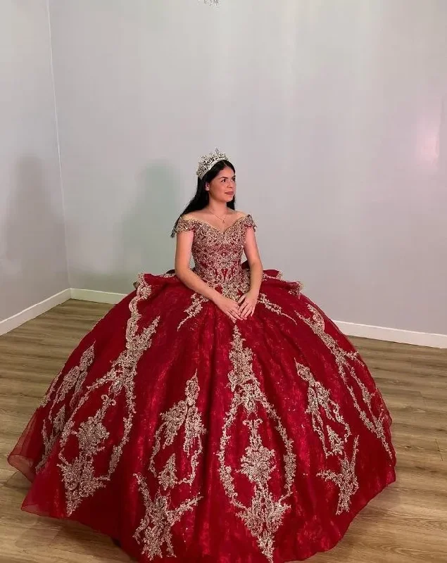 women's suit sets with notched collarsSparkly Burgundy Princess Quinceanera Dresses Off Shoulder Ruffles Gold Applique Corset