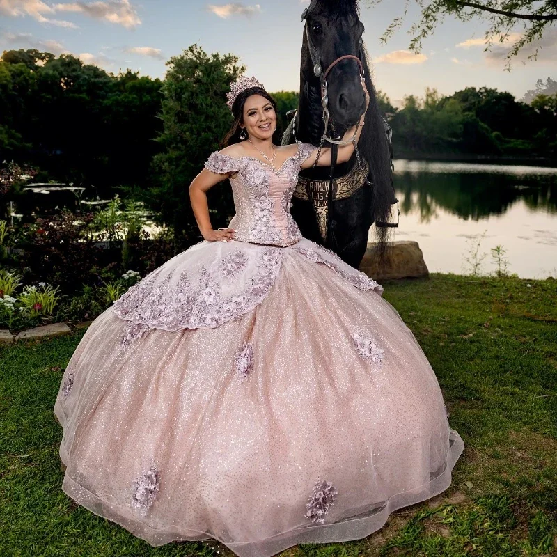 stylish women's clothing setsPink Sweetheart Shiny Off the Shoulder Ball Gown Beaded Quinceanera Dress Princess Corset Dresses Appliques Flower Beads Vestido