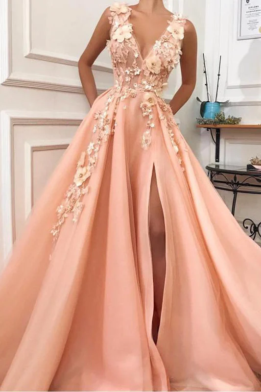 Shift dresses for womenA-Line V-Neck Long Tulle Split Evening Gown Dresses with Flowers N1453