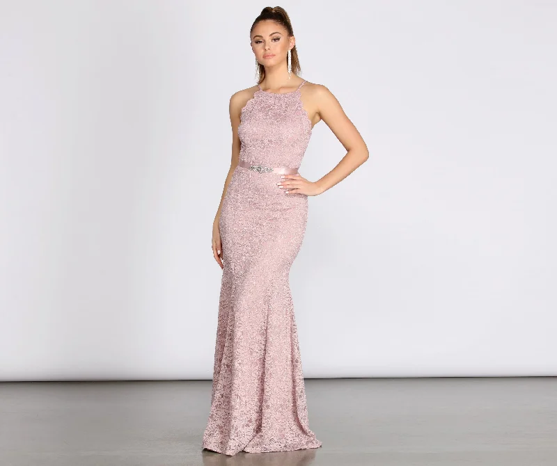 Short and sweet dresses for womenRosella Lace Scallop Rhinestone Graceful Ribbon Belt Mermaid Dress