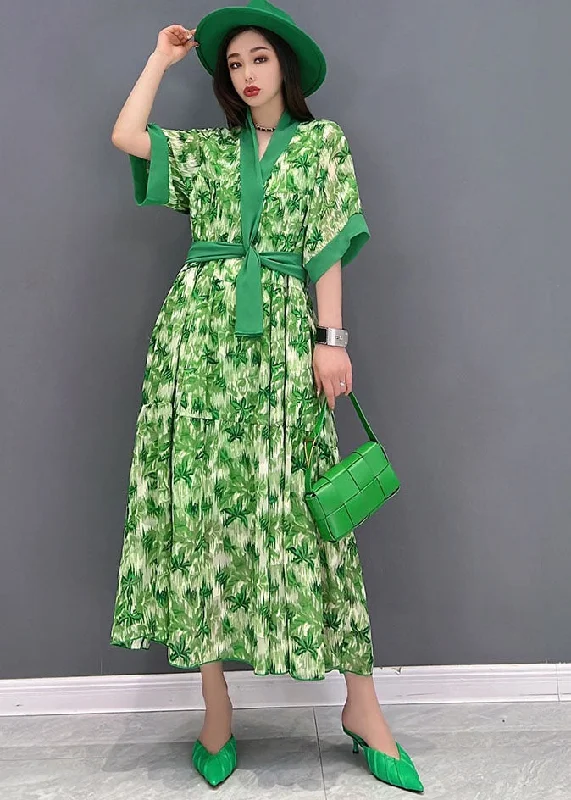 Sleeveless dresses for womenUnique Green V Neck Print Chiffon Long Dresses Short Sleeve