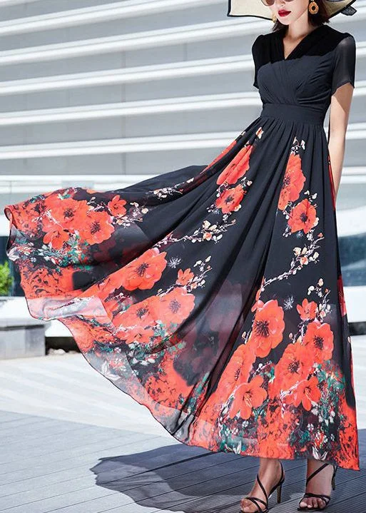 Handmade dresses for unique fashion statementsElegant Black V Neck Print Wrinkled Chiffon Long Dresses Summer