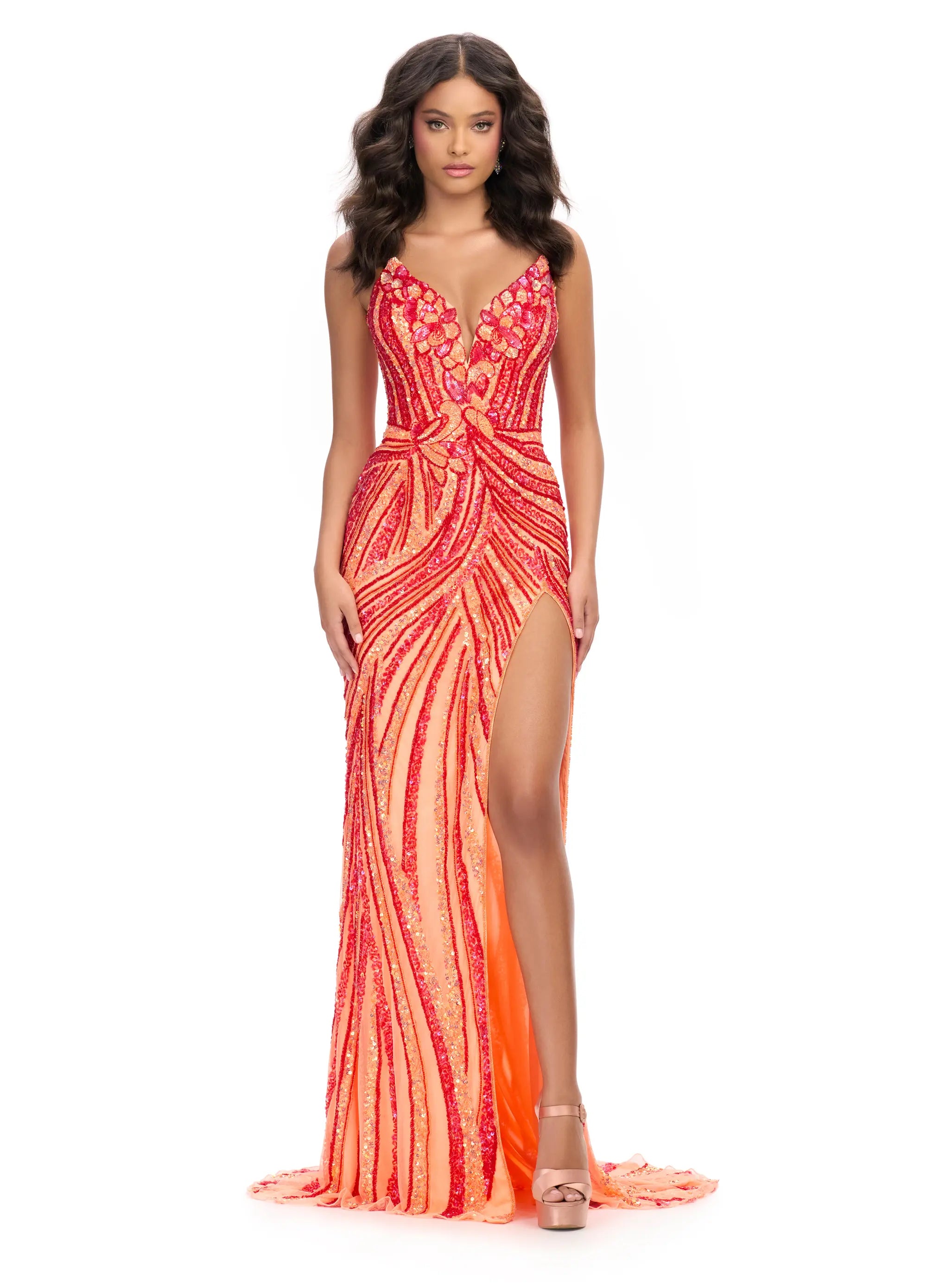 Synthetic dresses for budget-friendly optionsAshley Lauren 11236 Size 2,4,6,8,14 Red Coral Long Fitted V Neck Slit Beaded Sequin Prom Dress Pageant Gown