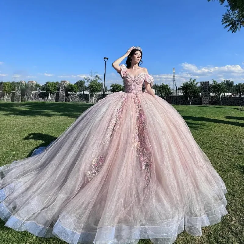 women's suit sets with wool blendsBlush Pink Princess Quinceanera Dresses Off Shoulder Ruffles 3D Floral Applique Corset Fairy vestidos de 15 años quinceañeras