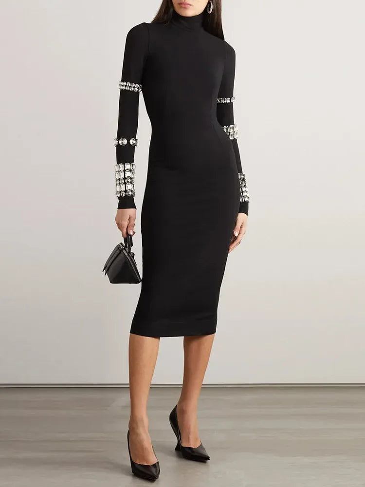 Midi dresses for womenDressBetty - 2024 Luxurious Long Sleeve Diamond Black Evening Bodycon Dress