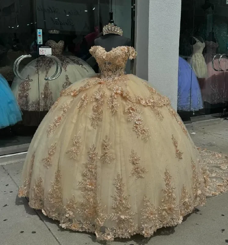 women's suit sets with wrinkle-resistant fabricsChampagne Luxury Princess Quinceanera Dresses Off Shoulder 3D Floral Applique Corset Lace-up