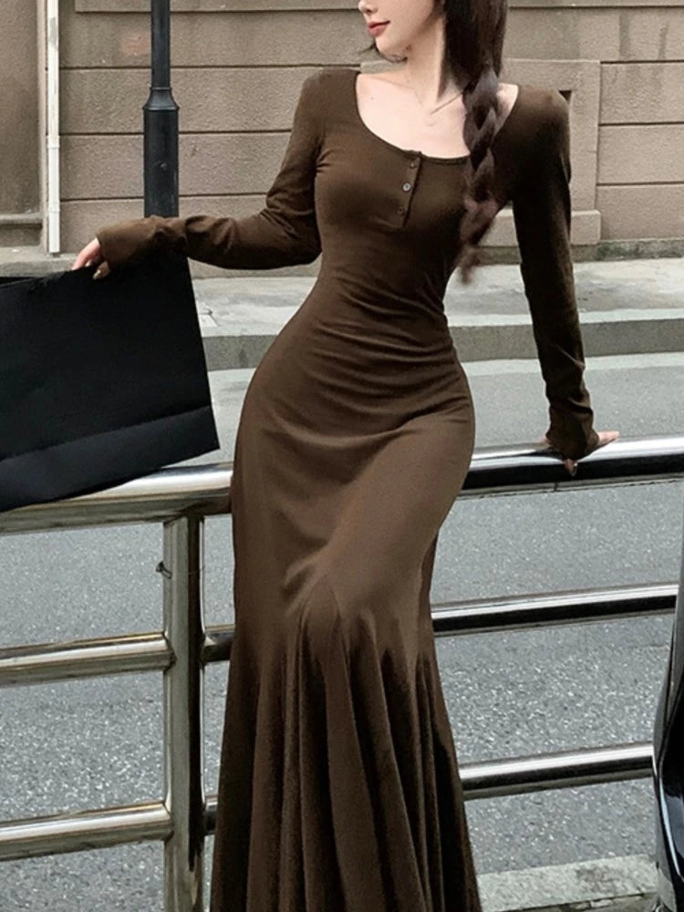 Bridal dresses for womenDressBetty - 2024 Sexy Solid Long Sleeve U-neck Mermaid Spring Bodycon Dress