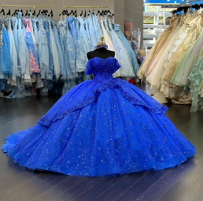 women's suit sets with silk liningsRoyal Blue Sparkly Princess Quinceanera Dresses Off Shoulder Gillter Applique Corset