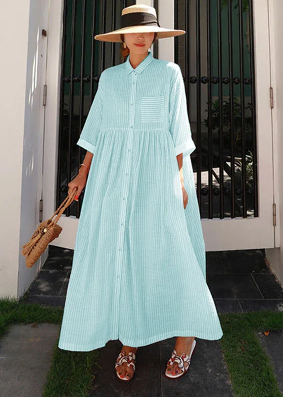 Solid color dresses for womenBohemian Green Peter Pan Collar Striped Button Pockets Wrinkled Long Dresses Half Sleeve
