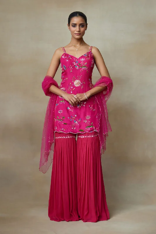 women's suit sets with double ventsQueen Pink Raven Embroidered Sharara Set