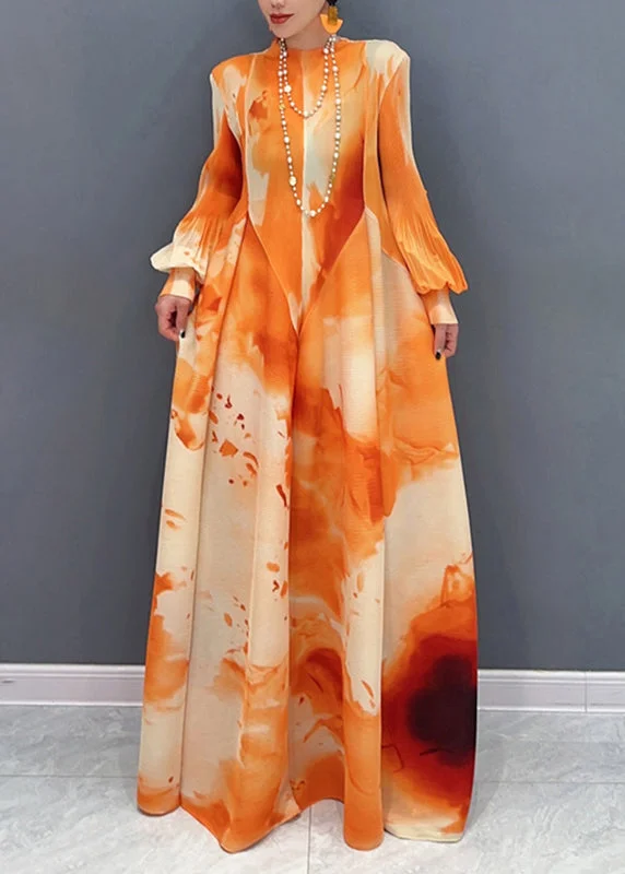 Ruched dresses for womenChic Orange Stand Collar Wrinkled Chiffon Long Dress Spring