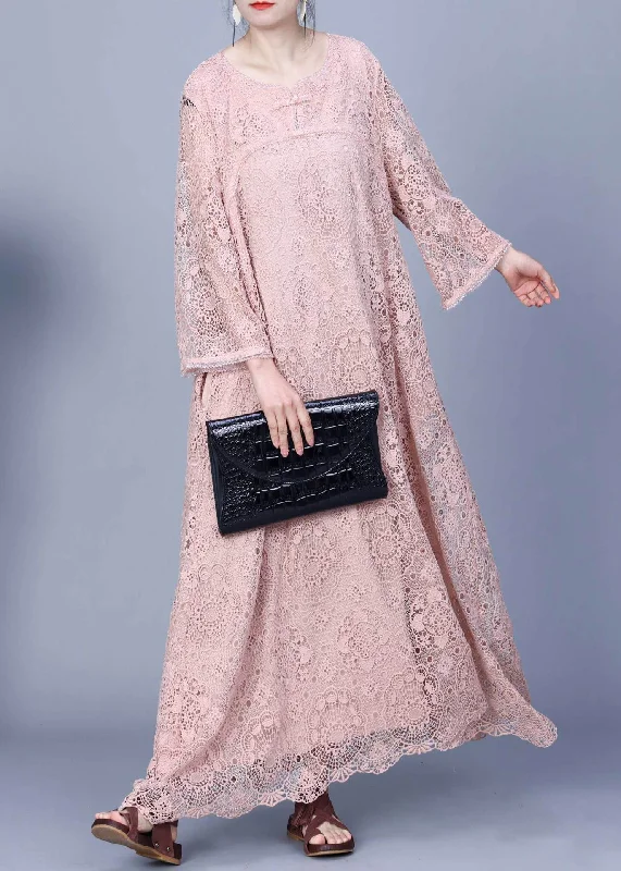 Autumn dresses for fall fashionElegant Pink Embroidered Hollow Out Lace Long Dress Spring