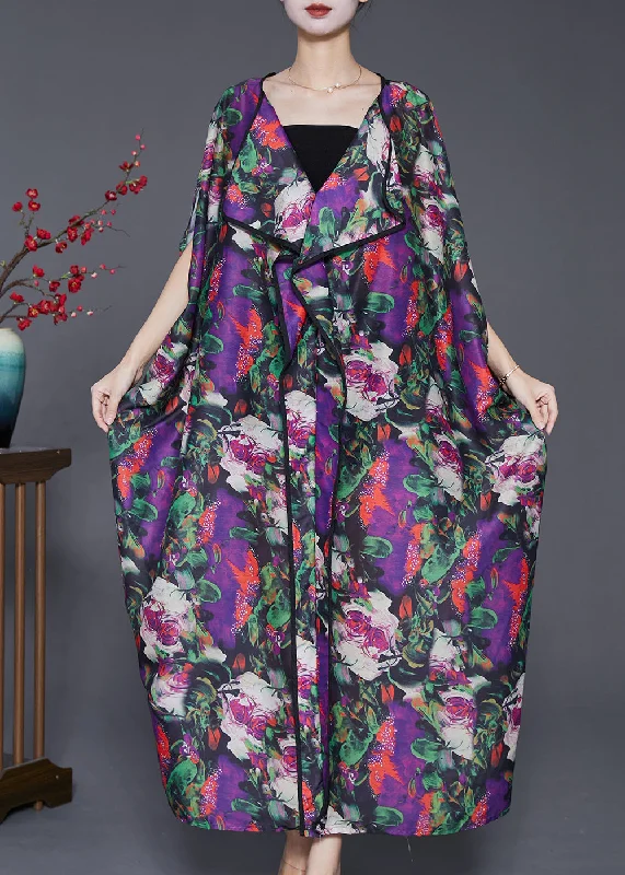 Long flowy dresses for womenBeautiful Purple Oversized Print Chiffon Long Dresses Batwing Sleeve