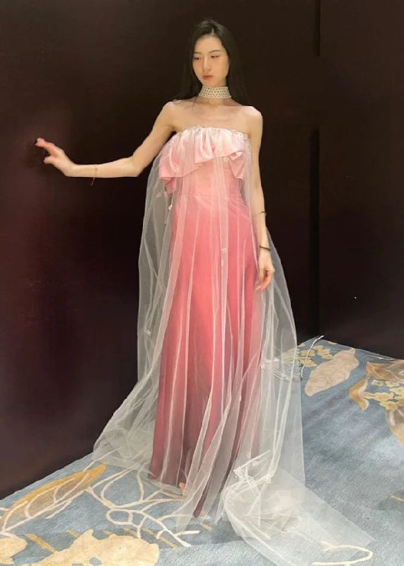 Beach dresses for casual outingsNovelty Pink Bustier Top Lace Up Tulle Long Dresses Sleeveless