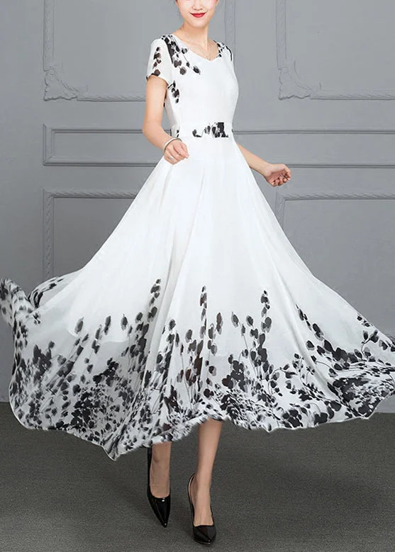 Sack dresses for womenNatural White V Neck Print High Waist Chiffon Long Beach Dress Summer