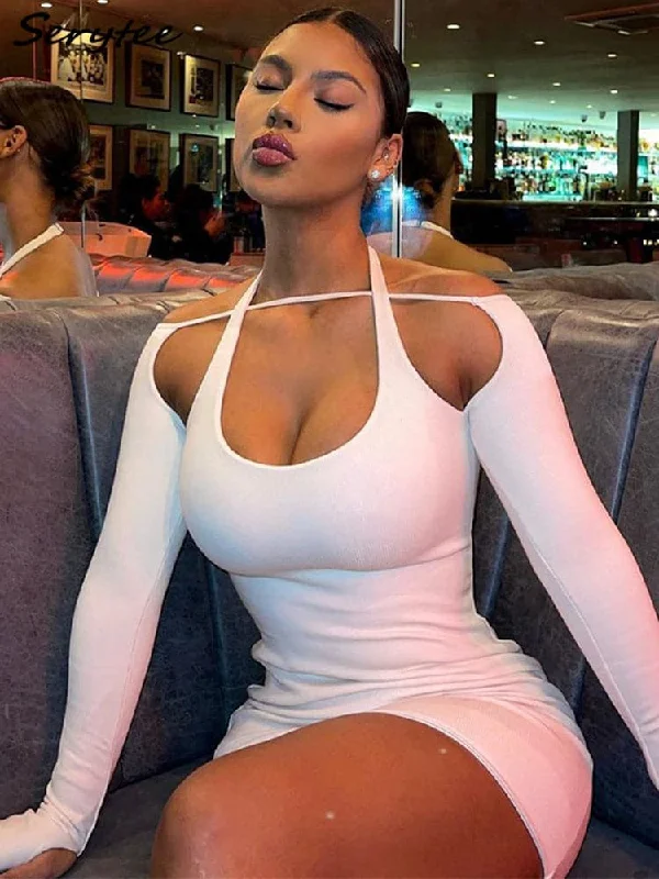Flowy dresses for womenDressBetty - 2023 Serytee Spring Long Sleeve Halter White Bodycon Dress